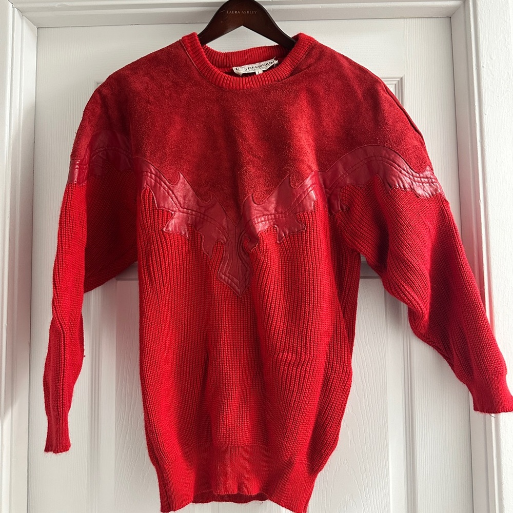 Bernie’s Closet gem! Vintage Deep Red Knit Sweater with Leather Detail